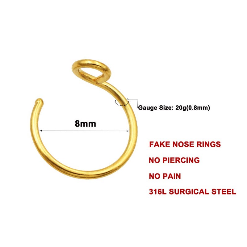 FANSING Fakes Nose Ring Halloween Faux Nose Hoop 20 Gauge 8mm Surgical Steel No Piercing Jewelry 18k Gold-plated 3 Pieces - Image 2